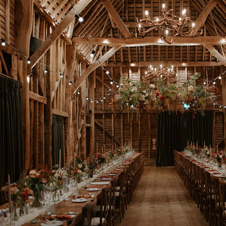 Barn wedding venue with flower decor