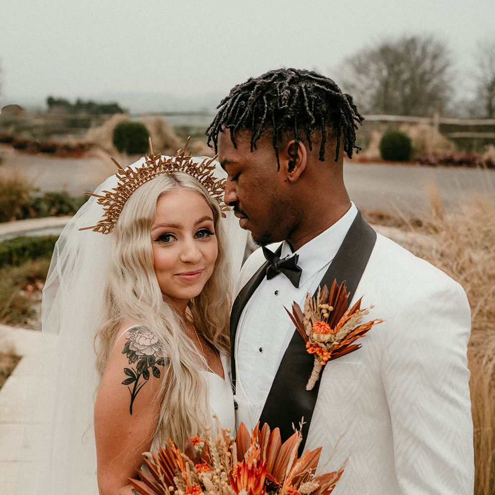 Burnt orange dried flower wedding bouquet 