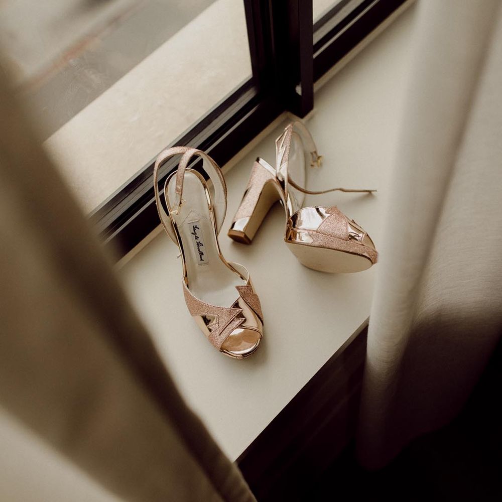 Metallic gold sparkly platform wedding shoes with a block heel 