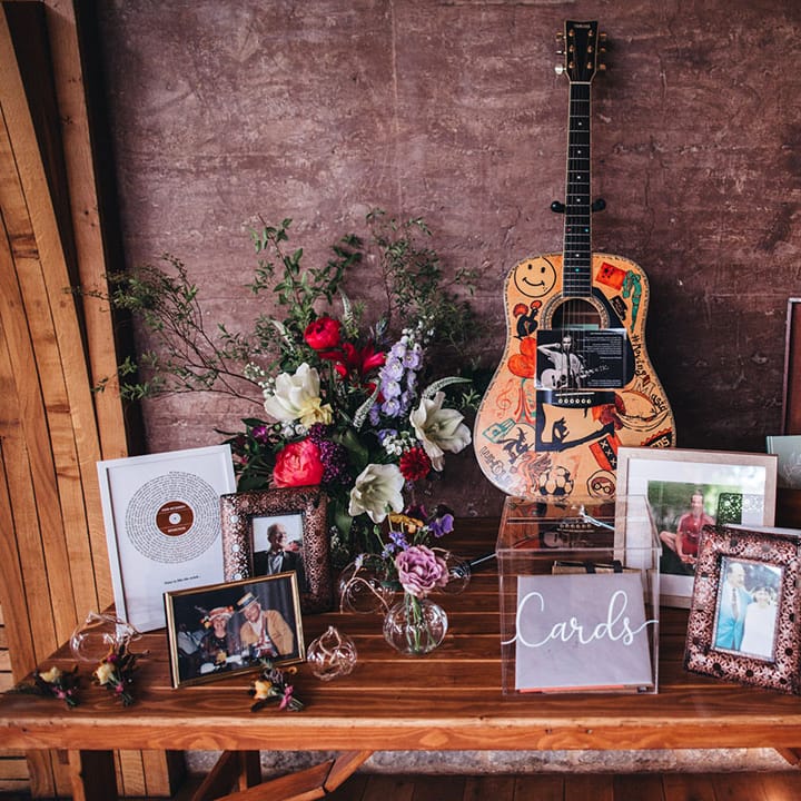 Wooden box for the wedding guest book and acrylic box for the wedding cards with Kate's brother Liam's guitar 