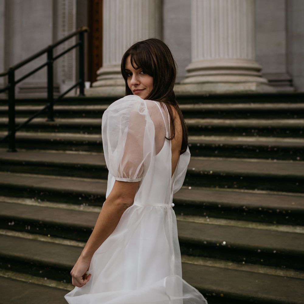 sheer puff sleeved wedding dress for elopement wedding 