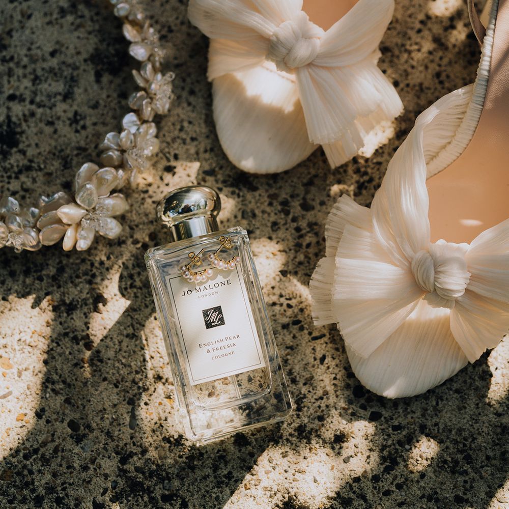 Loeffler Randall bridal shoes, Hermione Harbutt,Wild Rose Tiara and Jo Malone London wedding perfume bridal accessories 