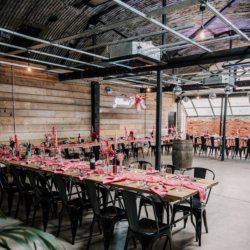 pink-wedding-table-decor-at-industrial-wedding