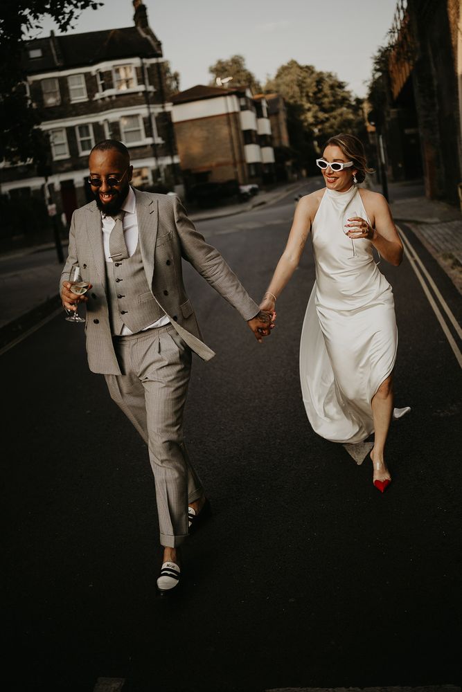 Strolling Reception Modern & Stylish South London Wedding with Sparkly Reception Dress