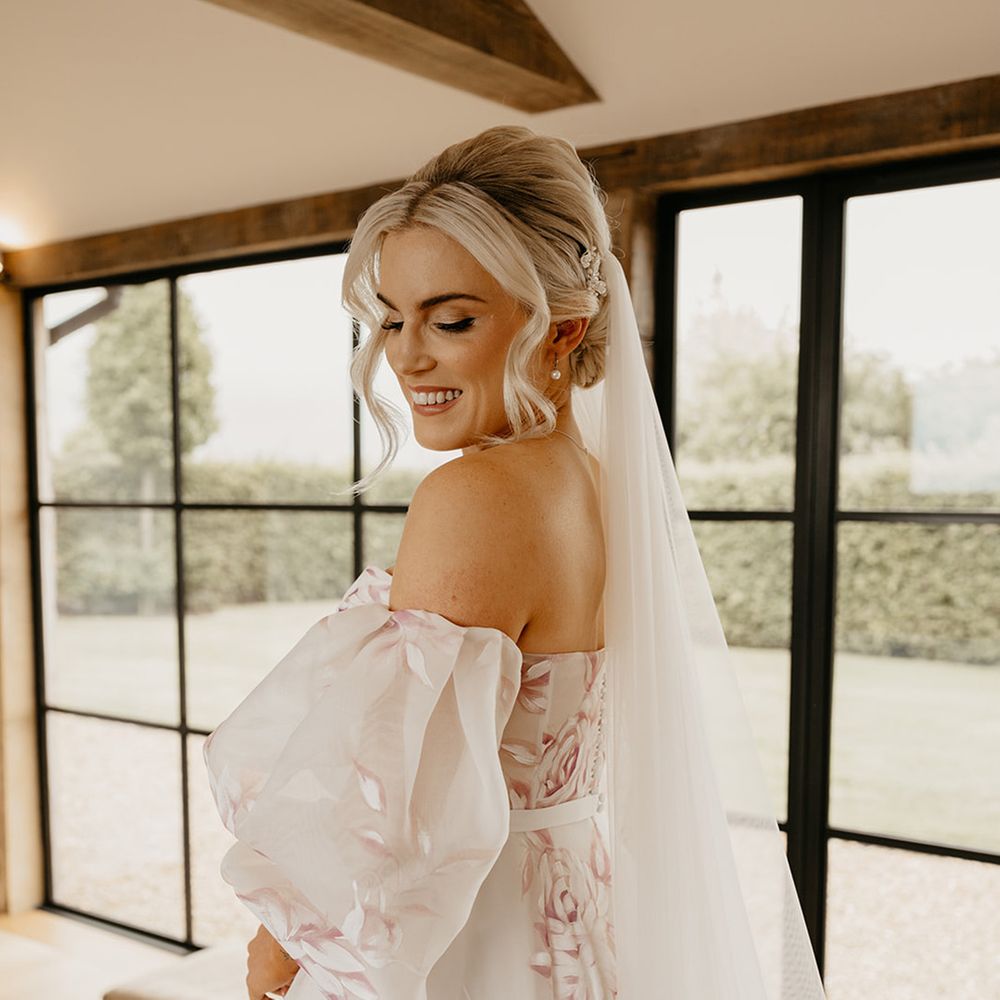 bride-wearing-pink-flower-colourful-wedding-dress-with-detachable-sleeves