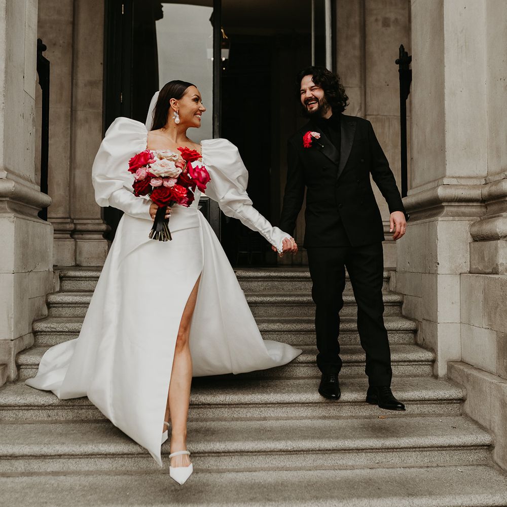 bride-in-puff-sleeve-wedding-dress-with-groom-at-dublin-city-wedding