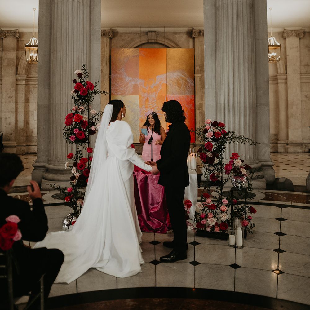 pink-flower-column-altar-decor-for-city-hall-wedding