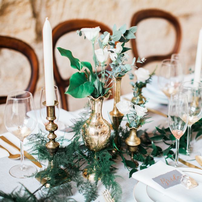 Elegant Place Setting With Gold Cutlery & Foliage Table Runner