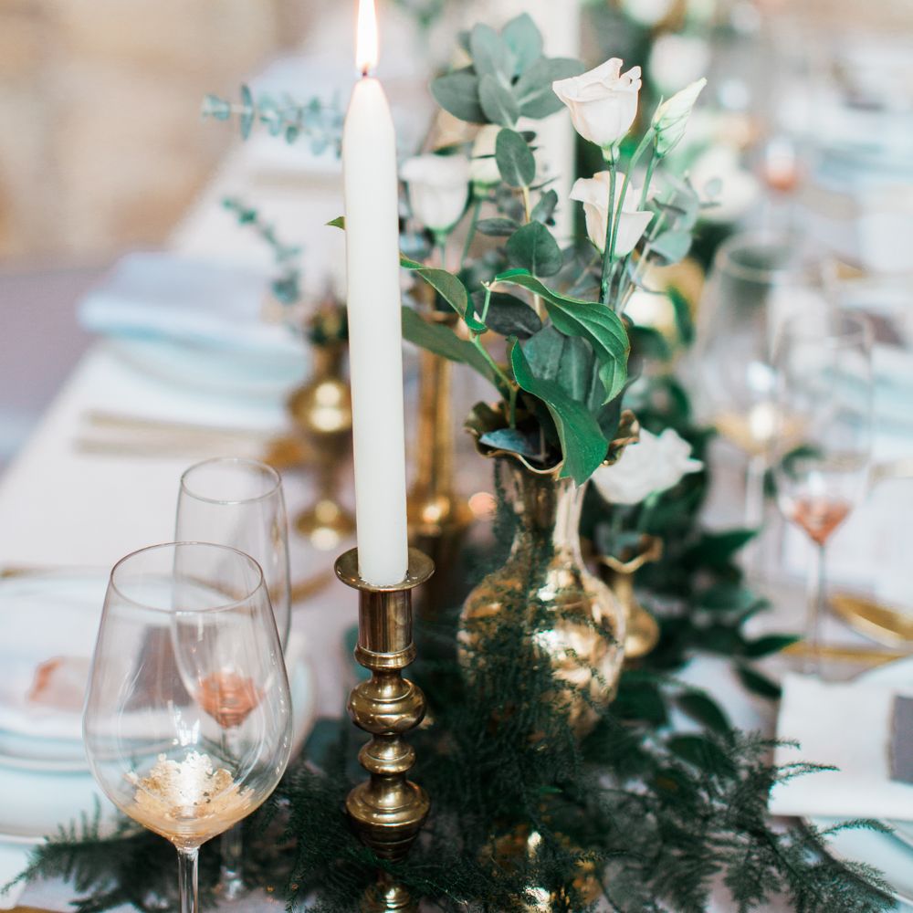 Elegant Place Setting With Gold Cutlery & Foliage Table Runner