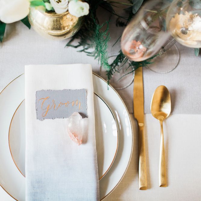 Elegant Place Setting With Gold Cutlery & Foliage Table Runner