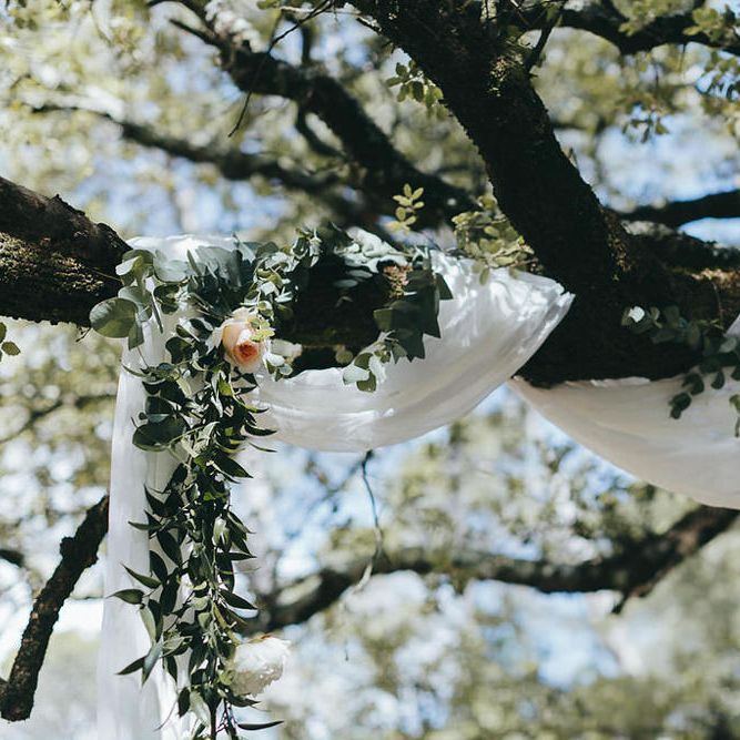 Flowers & fabric dropped in the forest to create an altar