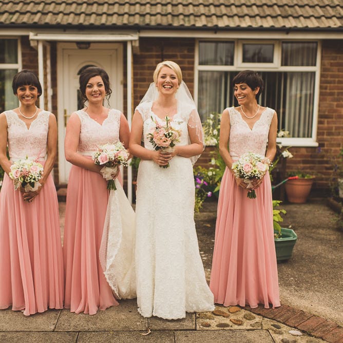 Bridesmaids in Pink & White After Six Dresses