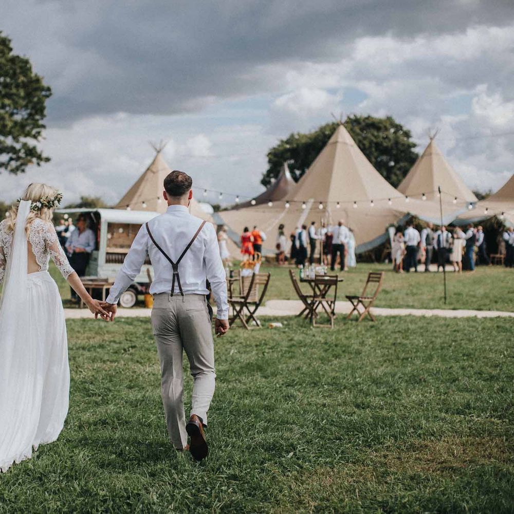 Abbi From Save The Date Magazine Gets Married Wearing Margaux Taridts & Grace Loves Lace Outdoor Festival Wedding With Tipis, Bell Tent Camping & Festoon Lights