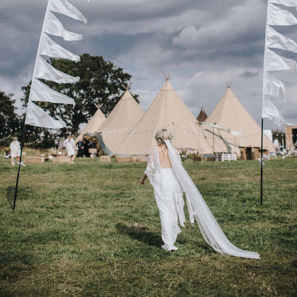 Abbi From Save The Date Magazine Gets Married Wearing Margaux Taridts & Grace Loves Lace Outdoor Festival Wedding With Tipis, Bell Tent Camping & Festoon Lights