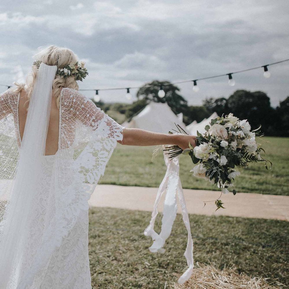 Abbi From Save The Date Magazine Gets Married Wearing Margaux Taridts & Grace Loves Lace Outdoor Festival Wedding With Tipis, Bell Tent Camping & Festoon Lights
