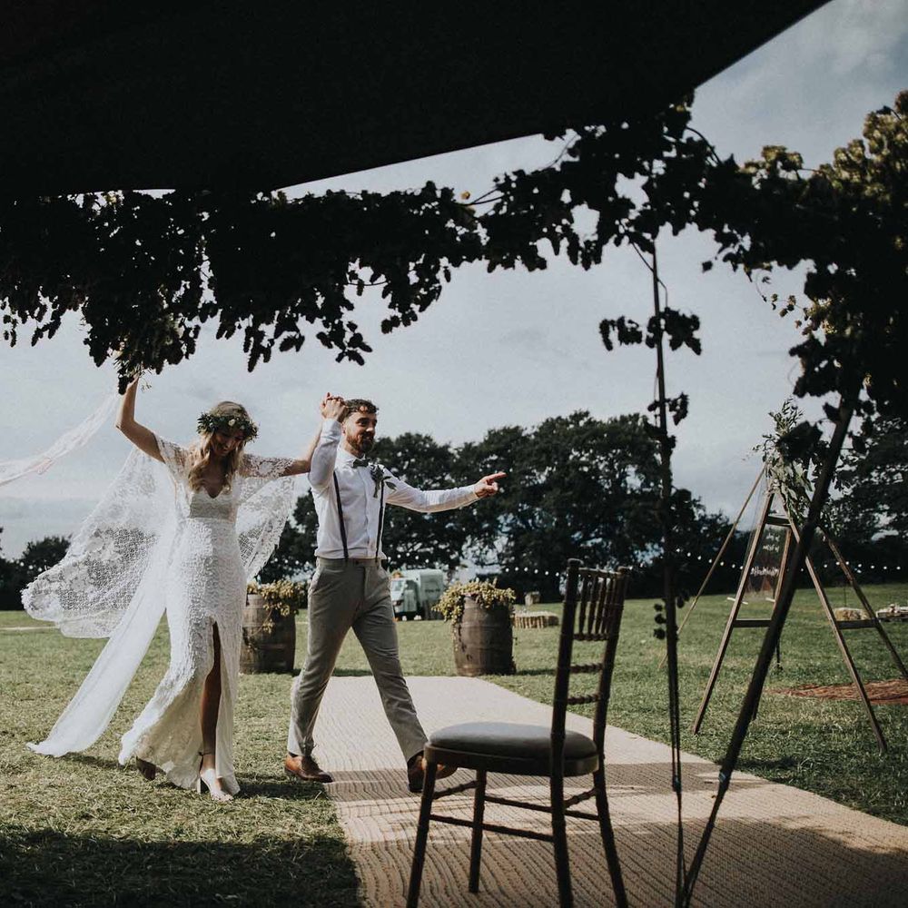 Abbi From Save The Date Magazine Gets Married Wearing Margaux Taridts & Grace Loves Lace Outdoor Festival Wedding With Tipis, Bell Tent Camping & Festoon Lights