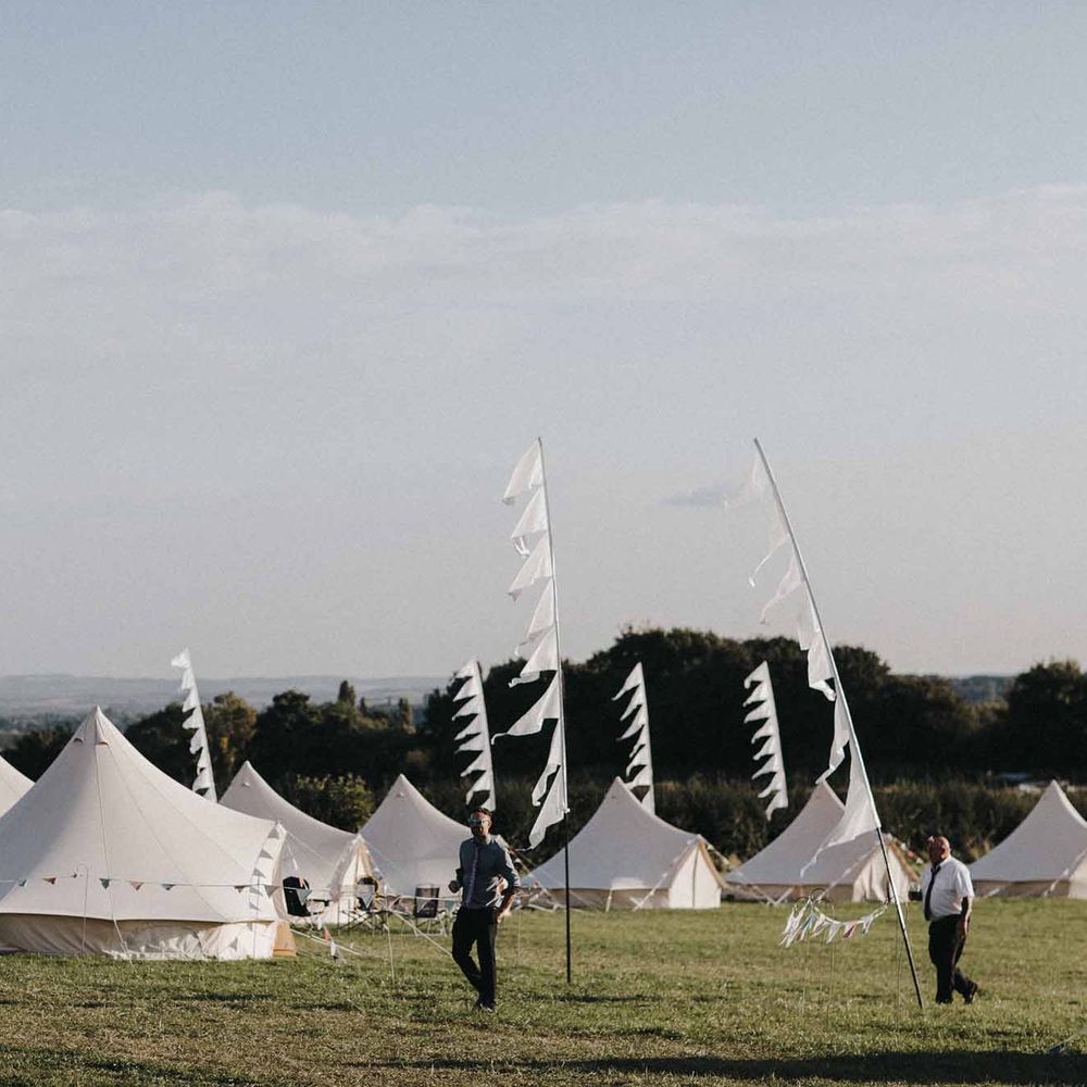 Abbi From Save The Date Magazine Gets Married Wearing Margaux Taridts & Grace Loves Lace Outdoor Festival Wedding With Tipis, Bell Tent Camping & Festoon Lights