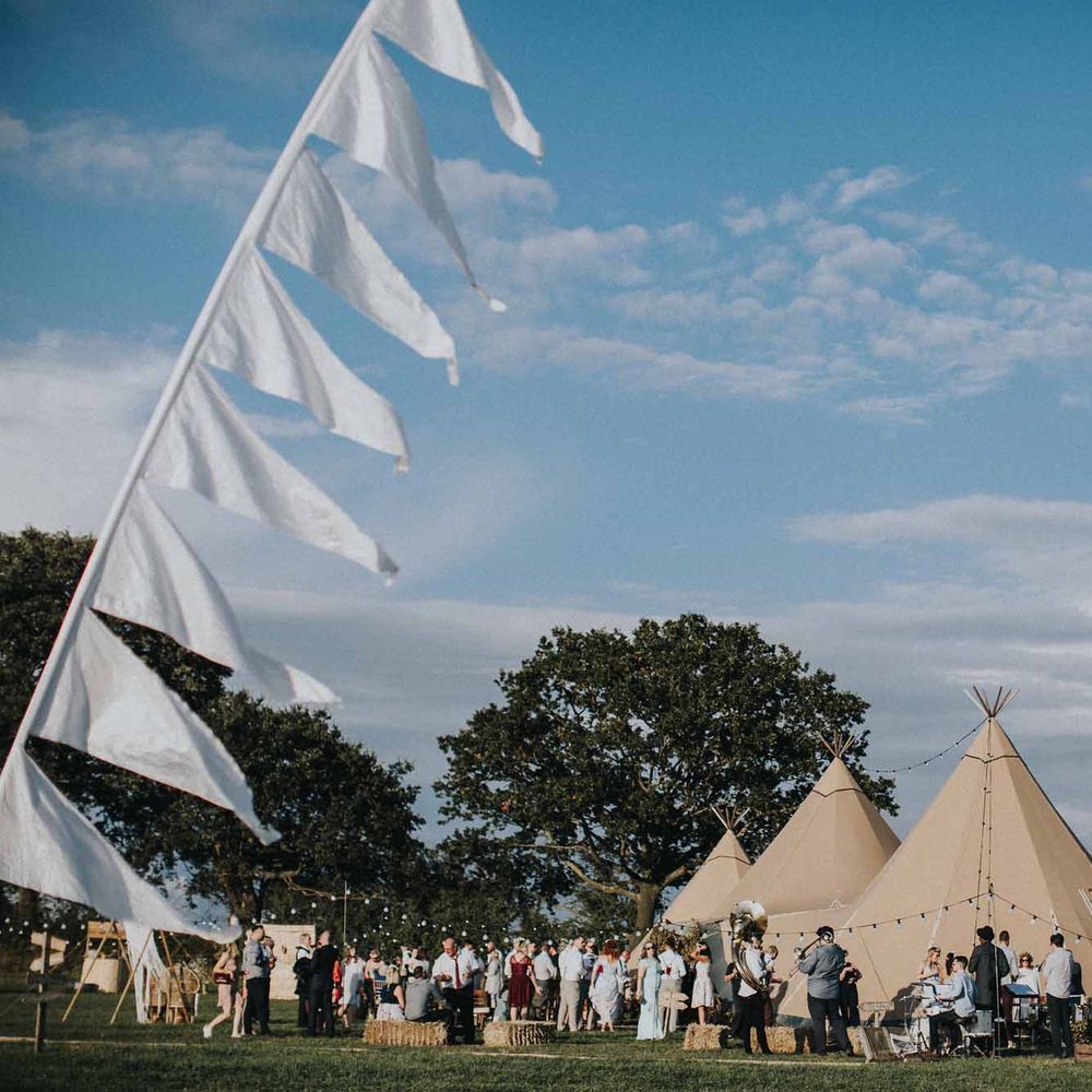 Abbi From Save The Date Magazine Gets Married Wearing Margaux Taridts & Grace Loves Lace Outdoor Festival Wedding With Tipis, Bell Tent Camping & Festoon Lights