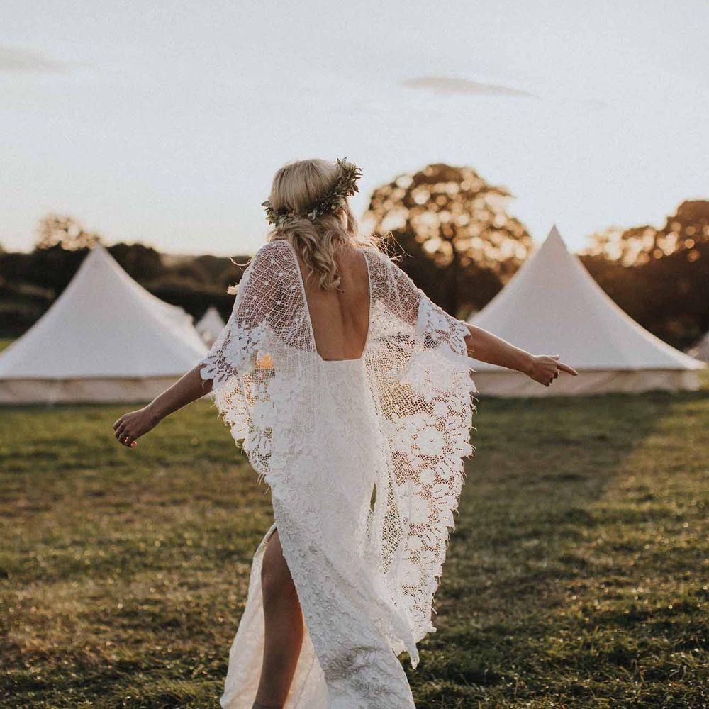 Abbi From Save The Date Magazine Gets Married Wearing Margaux Taridts & Grace Loves Lace Outdoor Festival Wedding With Tipis, Bell Tent Camping & Festoon Lights