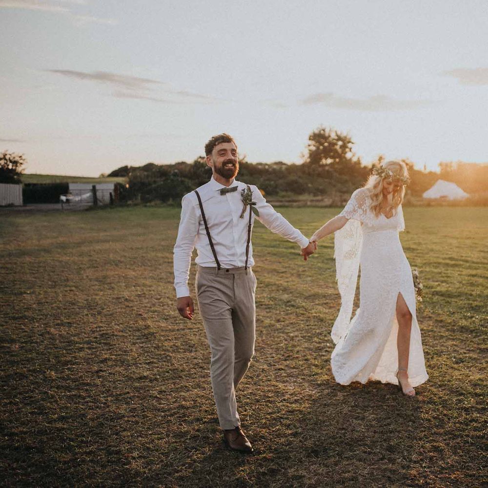 Abbi From Save The Date Magazine Gets Married Wearing Margaux Taridts & Grace Loves Lace Outdoor Festival Wedding With Tipis, Bell Tent Camping & Festoon Lights