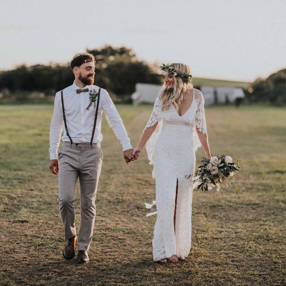 Abbi From Save The Date Magazine Gets Married Wearing Margaux Taridts & Grace Loves Lace Outdoor Festival Wedding With Tipis, Bell Tent Camping & Festoon Lights