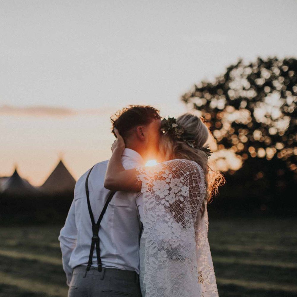 Abbi From Save The Date Magazine Gets Married Wearing Margaux Taridts & Grace Loves Lace Outdoor Festival Wedding With Tipis, Bell Tent Camping & Festoon Lights