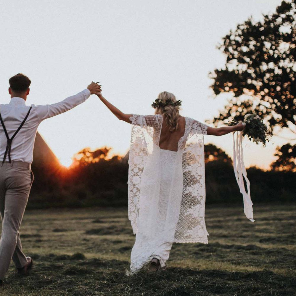 Abbi From Save The Date Magazine Gets Married Wearing Margaux Taridts & Grace Loves Lace Outdoor Festival Wedding With Tipis, Bell Tent Camping & Festoon Lights