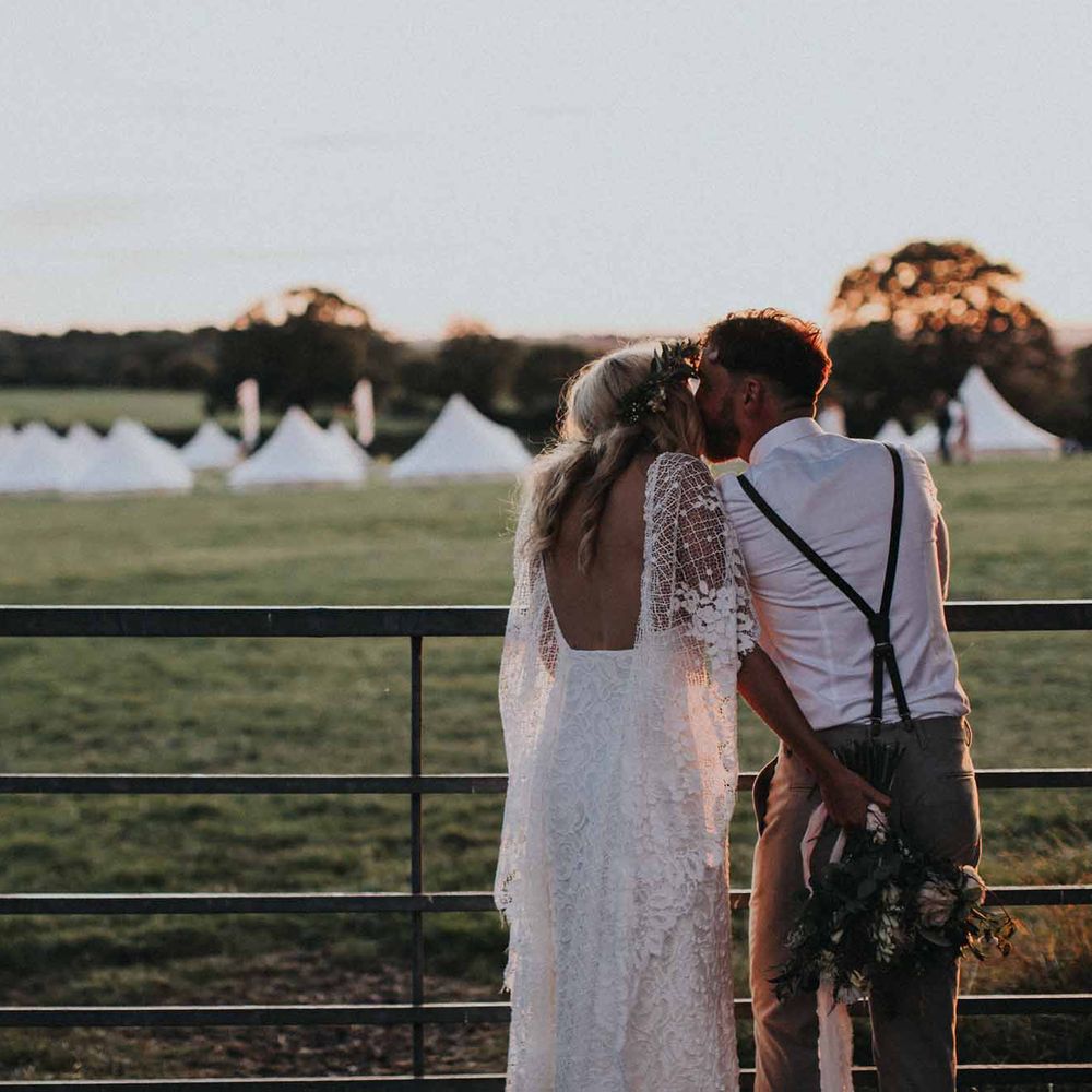 Abbi From Save The Date Magazine Gets Married Wearing Margaux Taridts & Grace Loves Lace Outdoor Festival Wedding With Tipis, Bell Tent Camping & Festoon Lights