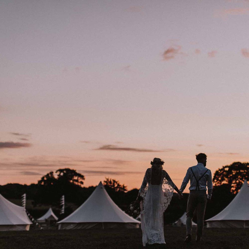 Abbi From Save The Date Magazine Gets Married Wearing Margaux Taridts & Grace Loves Lace Outdoor Festival Wedding With Tipis, Bell Tent Camping & Festoon Lights