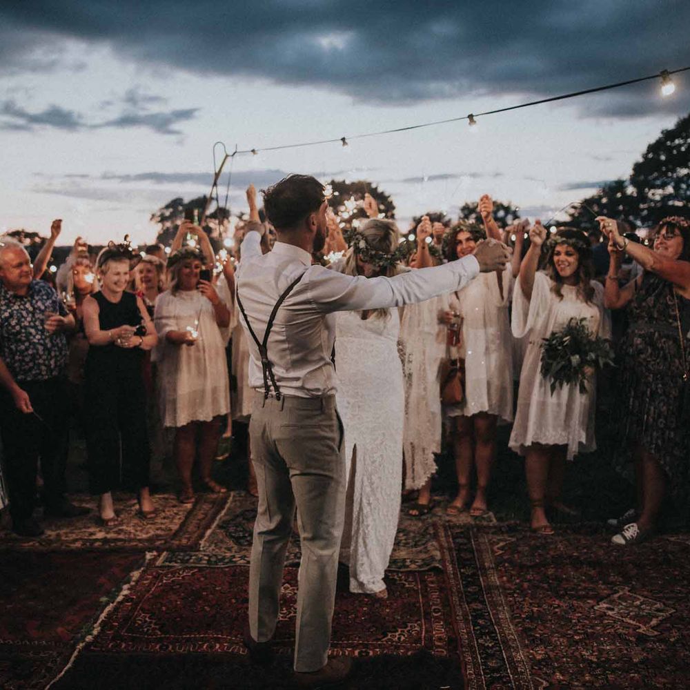 Abbi From Save The Date Magazine Gets Married Wearing Margaux Taridts & Grace Loves Lace Outdoor Festival Wedding With Tipis, Bell Tent Camping & Festoon Lights