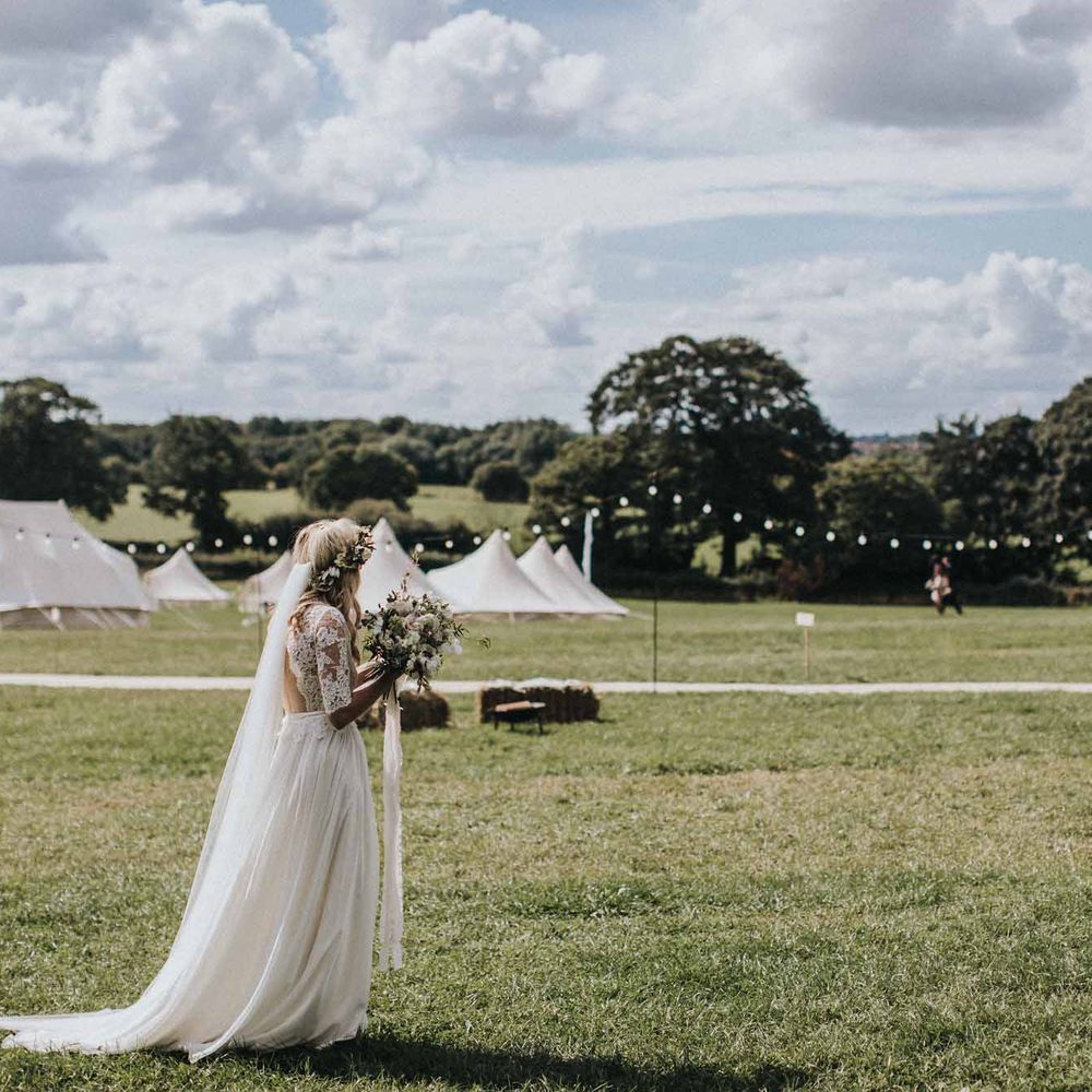 Abbi From Save The Date Magazine Gets Married Wearing Margaux Taridts & Grace Loves Lace Outdoor Festival Wedding With Tipis, Bell Tent Camping & Festoon Lights