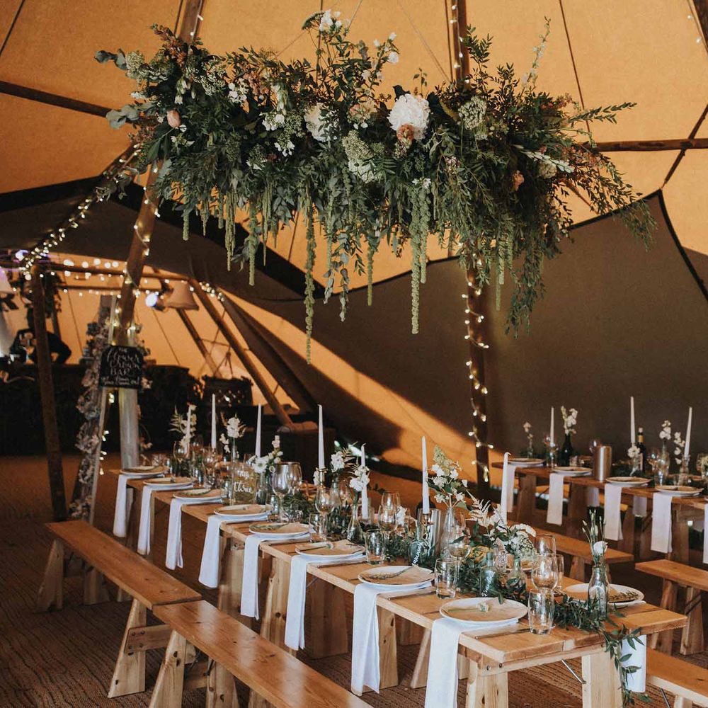 Abbi From Save The Date Magazine Gets Married Wearing Margaux Taridts & Grace Loves Lace Outdoor Festival Wedding With Tipis, Bell Tent Camping & Festoon Lights