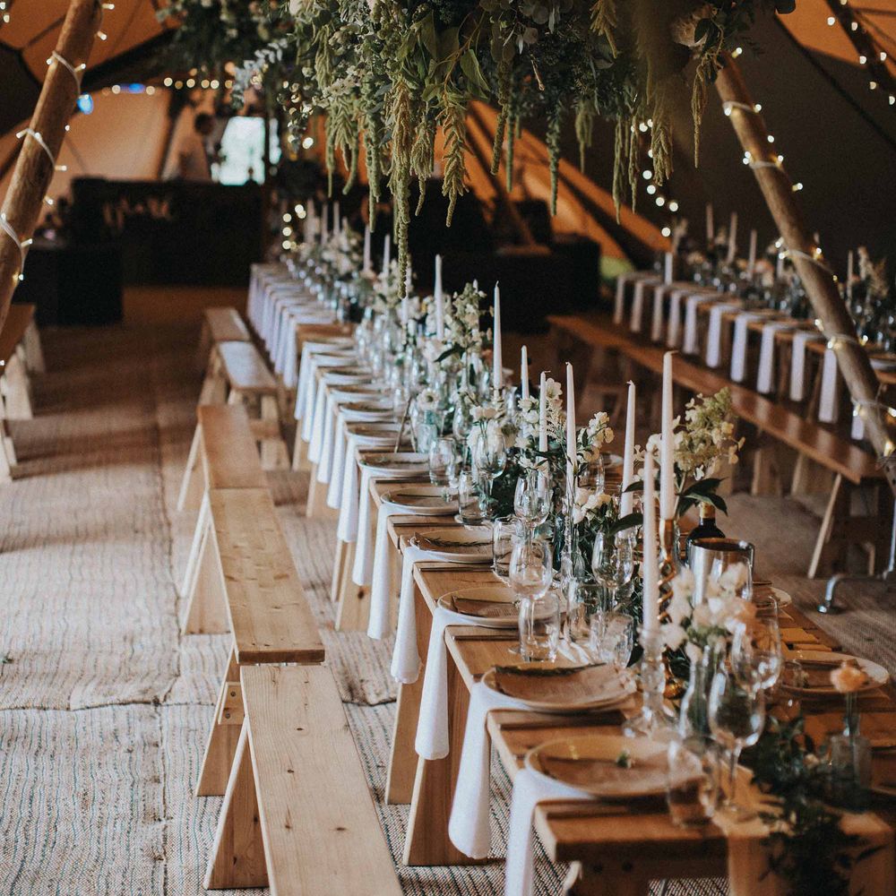 Abbi From Save The Date Magazine Gets Married Wearing Margaux Taridts & Grace Loves Lace Outdoor Festival Wedding With Tipis, Bell Tent Camping & Festoon Lights