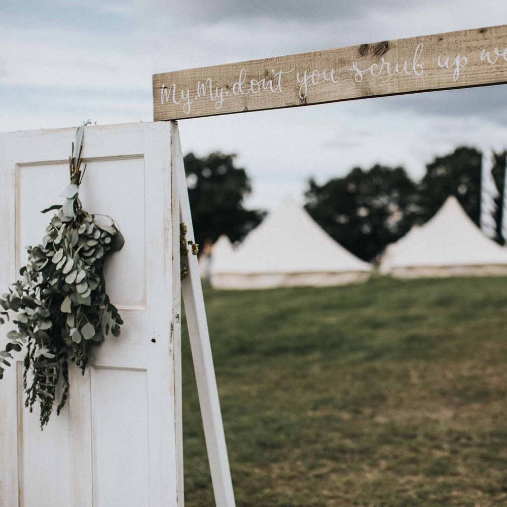 Abbi From Save The Date Magazine Gets Married Wearing Margaux Taridts & Grace Loves Lace Outdoor Festival Wedding With Tipis, Bell Tent Camping & Festoon Lights