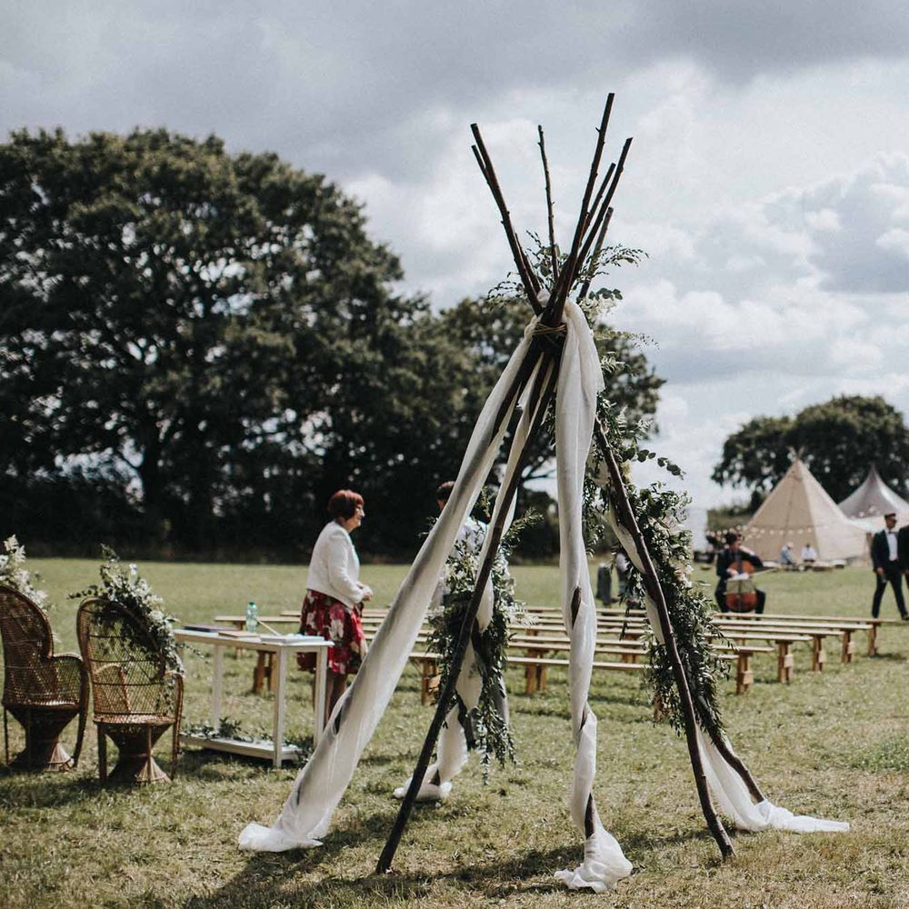 Abbi From Save The Date Magazine Gets Married Wearing Margaux Taridts & Grace Loves Lace Outdoor Festival Wedding With Tipis, Bell Tent Camping & Festoon Lights