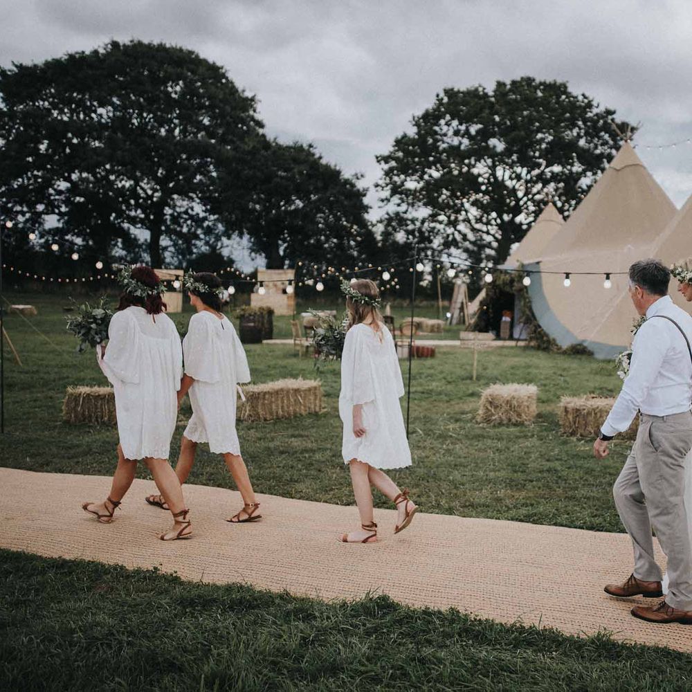 Abbi From Save The Date Magazine Gets Married Wearing Margaux Taridts & Grace Loves Lace Outdoor Festival Wedding With Tipis, Bell Tent Camping & Festoon Lights