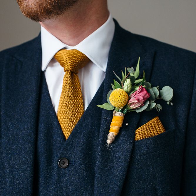 Yellow Buttonhole | Groom in Next Navy Wool Suit | Relaxed Industrial Wedding at Ocean Studios, Plymouth | Freckle Photography