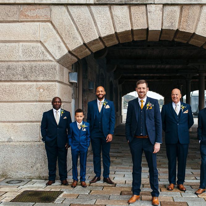 Groomsmen in Navy Suits | Relaxed Industrial Wedding at Ocean Studios, Plymouth | Freckle Photography