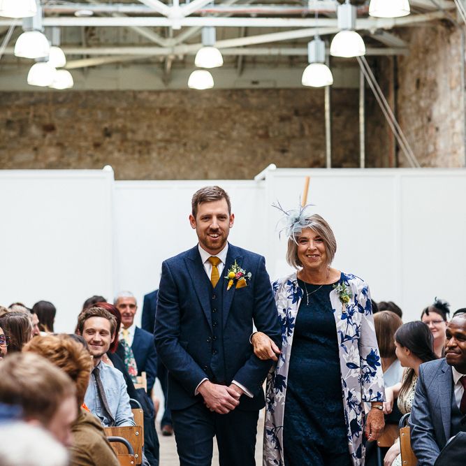 Wedding Ceremony | Groom in Next Navy Wool Suit | Mother of the Groom | Relaxed Industrial Wedding at Ocean Studios, Plymouth | Freckle Photography