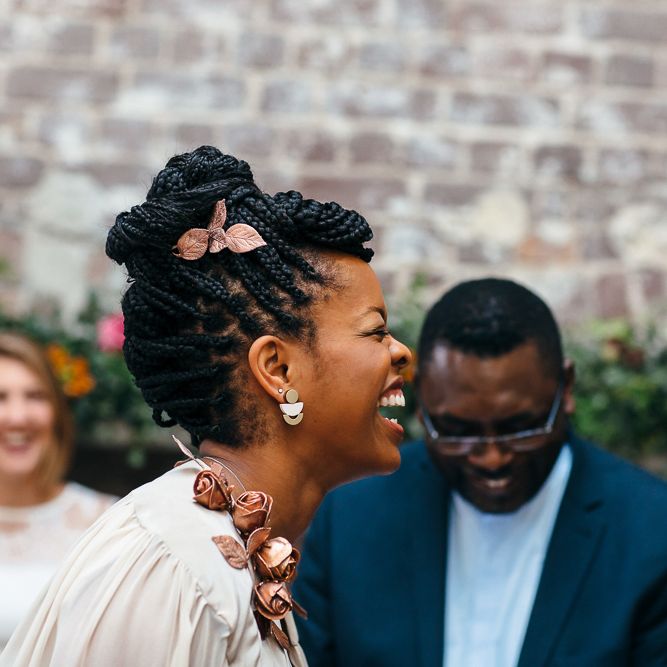 Wedding Ceremony | Bride in Bespoke Ailsa Monroe Jumpsuit & Cape | Groom in Next Navy Wool Suit | Relaxed Industrial Wedding at Ocean Studios, Plymouth | Freckle Photography