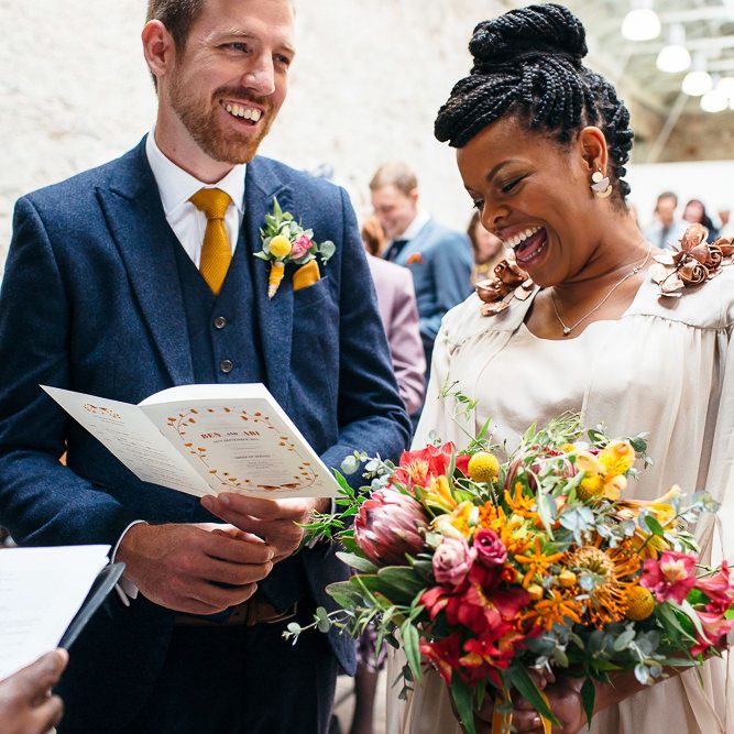 Wedding Ceremony | Bride in Bespoke Ailsa Monroe Jumpsuit & Cape | Groom in Next Navy Wool Suit | Relaxed Industrial Wedding at Ocean Studios, Plymouth | Freckle Photography