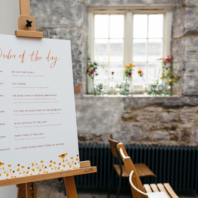 Order of the Day Wedding Sign | Relaxed Industrial Wedding at Ocean Studios, Plymouth | Freckle Photography
