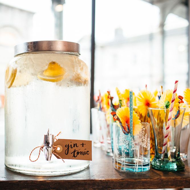 Gin & Tonic Drinks Dispenser | | Relaxed Industrial Wedding at Ocean Studios, Plymouth | Freckle Photography