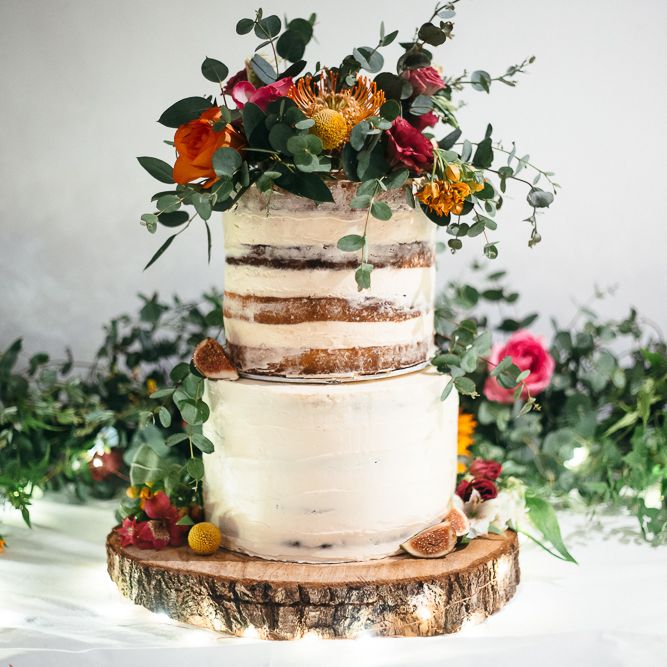 Semi Naked Wedding Cake | Floral Cake Topper | Relaxed Industrial Wedding at Ocean Studios, Plymouth | Freckle Photography