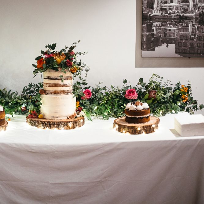 Wedding Cake Table | Floral Cake Topper | Relaxed Industrial Wedding at Ocean Studios, Plymouth | Freckle Photography