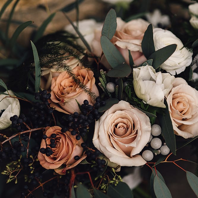 Winter Wedding Bouquet With Roses & Foliage