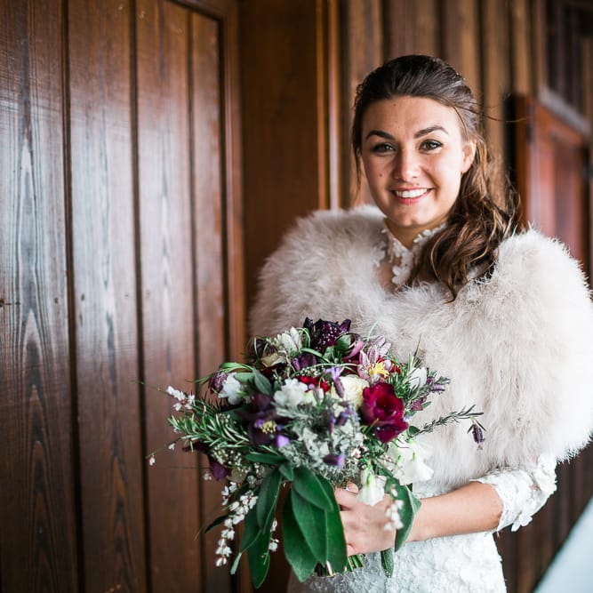 Bride in Ian Stuart Wedding Dress with Fur Stole