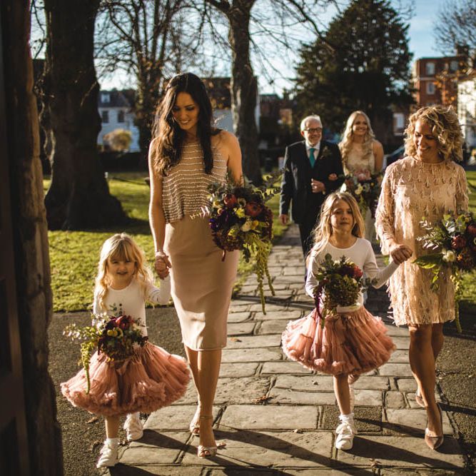 Wedding Party In Tonal Shades Of Pink // Pub Wedding At The White Horse Chichester With Bride In Limor Rosen And Groom In Ted Baker With Images From Victoria Popova Photography