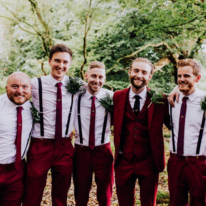 Groom in Bespoke Burgundy Suit | Stylish Woodland Wedding in Cheshire | Clara Cooper Photography | Story Board Weddings Films
