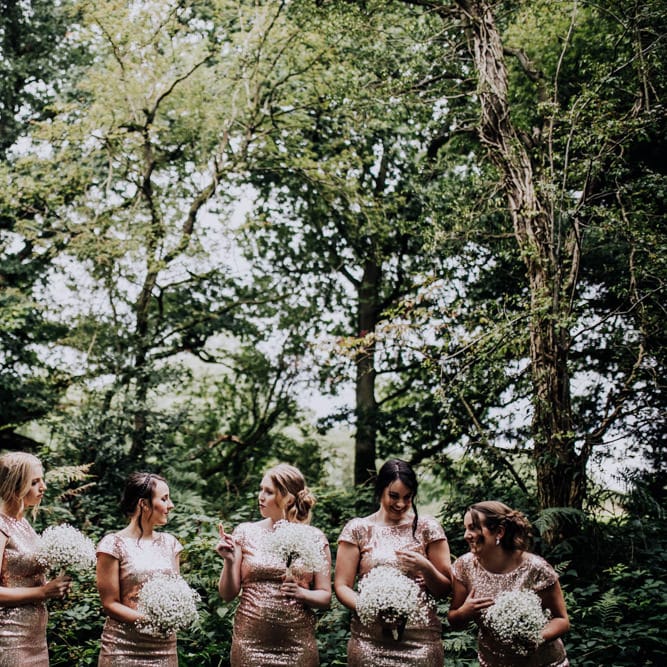Bridesmaids in Gold Sequin Gowns | Bride in Rosa Clara Naim Bridal Gown | Stylish Woodland Wedding in Cheshire | Clara Cooper Photography | Story Board Weddings Films